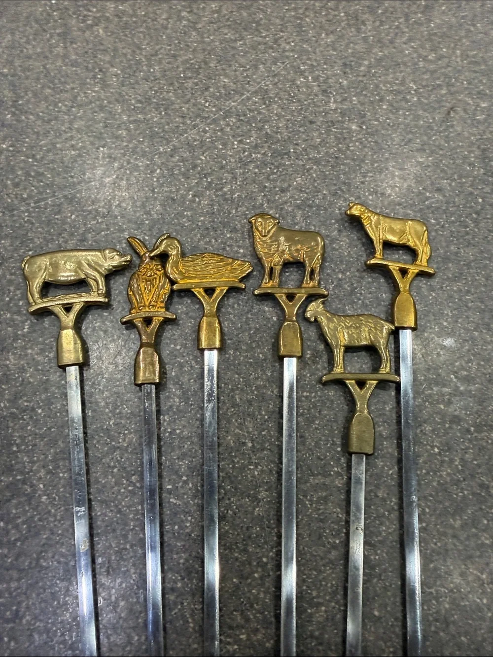 Brass and stainless steel Animal Head skewers- Set of 6